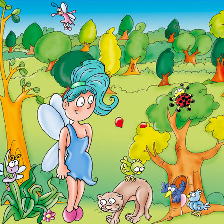 Vector illustration of a fairy in the garden with a cat and a birdの写真素材