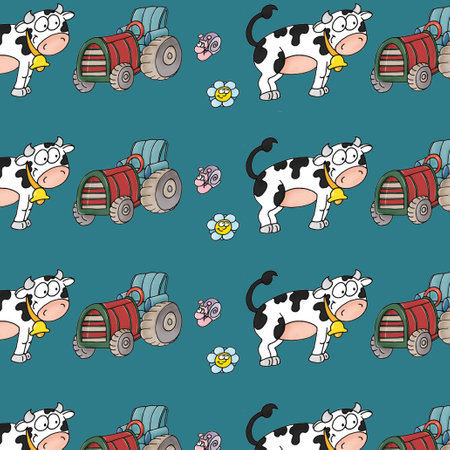 Seamless pattern with cute cartoon cows on a blue background.の写真素材