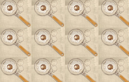 Seamless pattern of metal utensils for cooking on a light backgroundの写真素材
