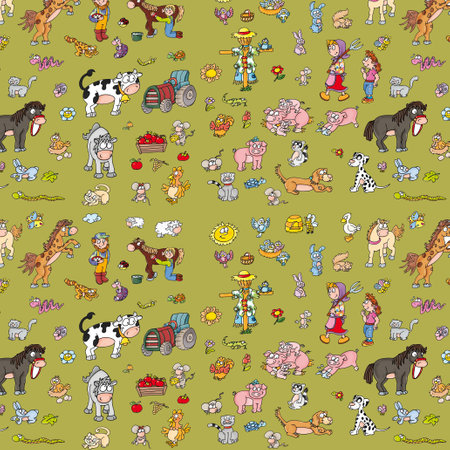 Seamless pattern with cartoon farm animals. Vector illustration for your designの写真素材