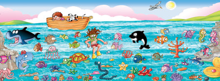 cartoon scene with many animals swimming in the sea illustration for childrenの写真素材