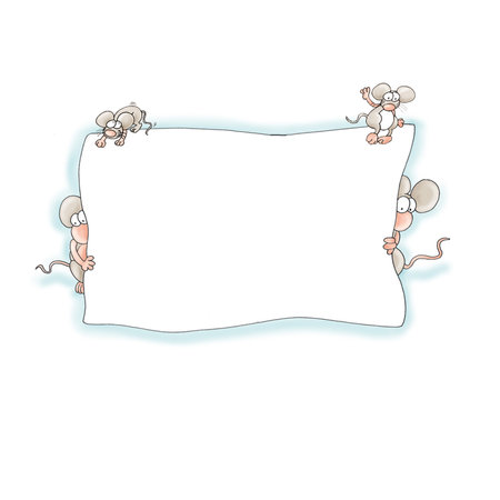 Illustration of cute cartoon mouse holding a sheet of paper on a white backgroundの写真素材
