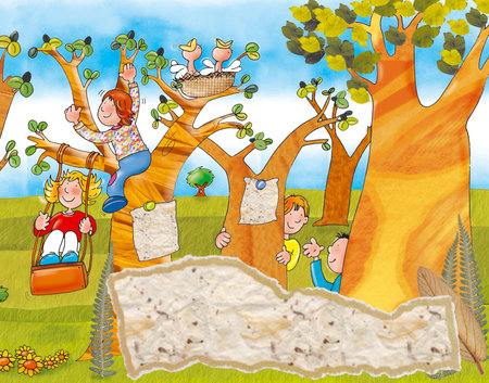 Cartoon illustration of a happy family on a picnic in the forestの写真素材