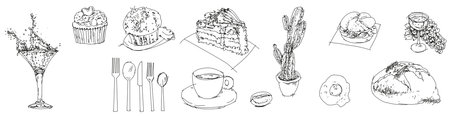 Coffee and cakes, vintage line drawing or engraving illustration.の写真素材