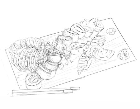 Sushi set on a cutting board with chopsticks. Vector illustrationの写真素材