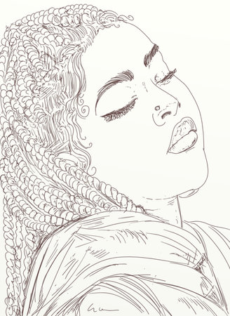 Sketch of a beautiful woman with long braids. Vector illustration.の写真素材