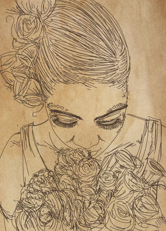 Sketch of a girl with a bouquet of roses.の写真素材
