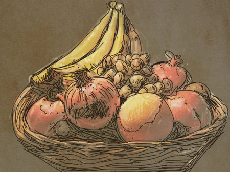 Fruits in a wicker basket on a brown background. Hand drawn illustration.の写真素材
