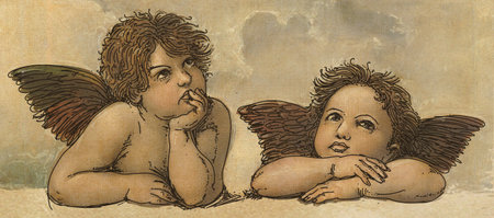 Cupid and angel on old paper background. Hand drawn illustration.の写真素材