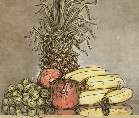 Fruits on old paper background. Hand drawn illustration. Vintage style.の写真素材