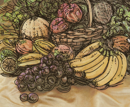 Fruits and vegetables in a basket on the background of the fabricの写真素材