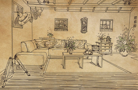 Interior sketch of living room with sofa and coffee table. Hand drawn illustrationの写真素材