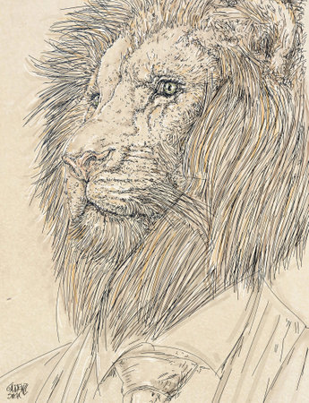 Lion head drawing. Hand drawn illustration of lion head drawing.の写真素材