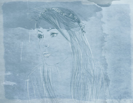 Sketch of a beautiful girl with a wreath on her headの写真素材