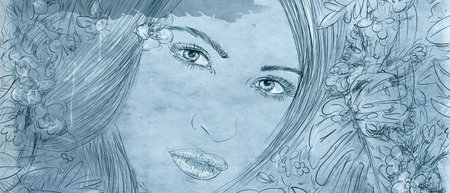 Portrait of a beautiful girl with flowers. Hand drawn illustration.の写真素材