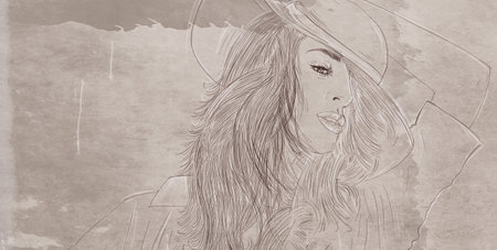 Young woman in a hat with long hair. Hand drawn illustration.の写真素材