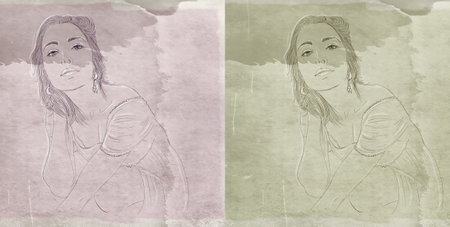 Sketch of a beautiful young woman with long hair. Portrait of a beautiful girl.の写真素材