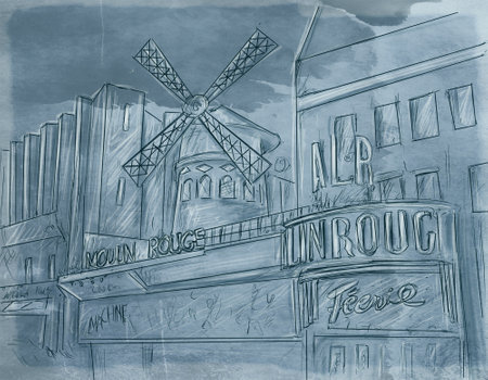 Hand drawn sketch of a windmill on the background of the city.の写真素材