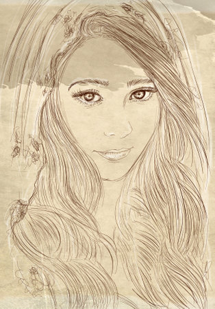 Portrait of a beautiful woman with long hair. Hand drawn illustration.の写真素材