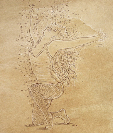 Sketch of a young woman dancing in the water with bubblesの写真素材