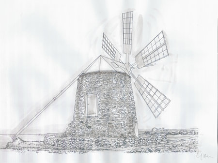 Hand drawn sketch of windmill on white background. Digital illustration.の写真素材