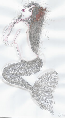 Beautiful mermaid with long hair on white background. Hand drawn illustration.の写真素材