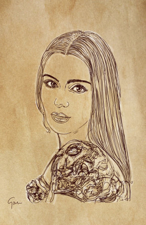 Sketch of a beautiful young woman with long hair. Hand drawn illustration.の写真素材