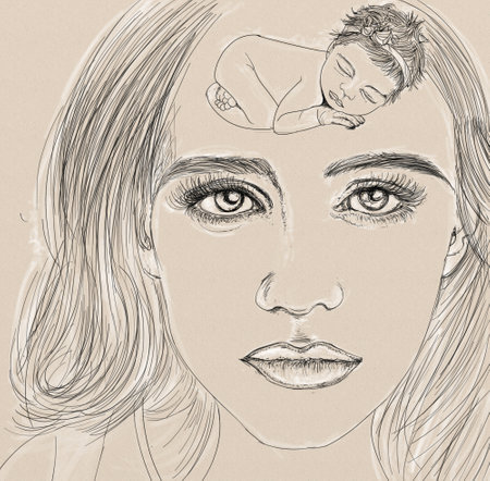 Sketch of a newborn baby in the hands of a motherの写真素材