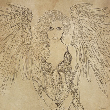 Sketch of beautiful woman with angel wings on old paper backgroundの写真素材