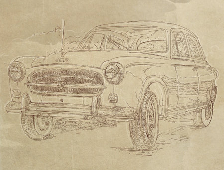 Sketch of an old car on a grunge paper backgroundの写真素材