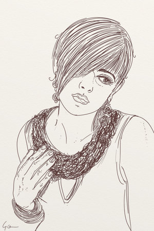 Sketch of a beautiful girl with a scarf on her neckの写真素材
