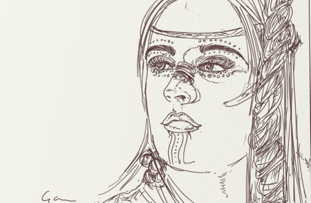 Portrait of a beautiful woman with braided hair. Hand drawn illustration.の写真素材