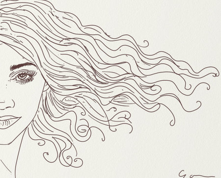Beautiful woman with long curly hair. Hand drawn illustration. Vector.の写真素材