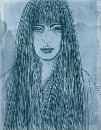 Portrait of a beautiful woman with long hair. Drawing on paper.の写真素材