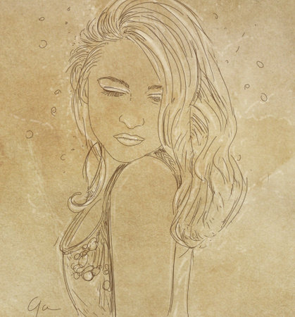 Sketch of a beautiful young woman with long hair on old paper backgroundの写真素材