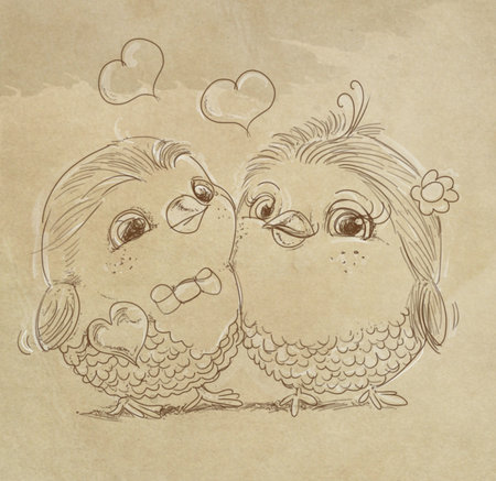 Two cute little birds in love, sketch for your design. Vector illustrationの写真素材