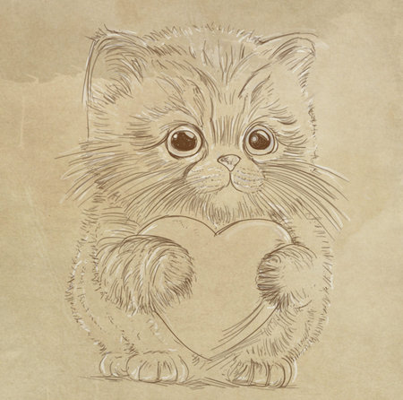 Cute kitten with heart on old paper background. Hand drawn illustration.の写真素材