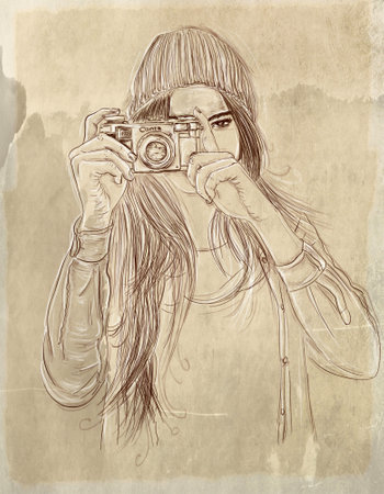 Sketch of a girl with a camera on a grunge backgroundの写真素材