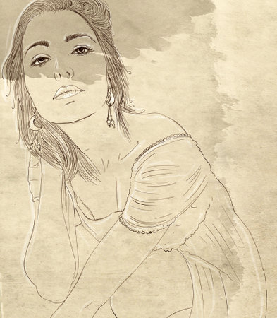 Sketch of a beautiful young woman with long hair. Watercolor painting.の写真素材