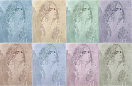 Portrait of a beautiful young girl in a collage of photosの写真素材