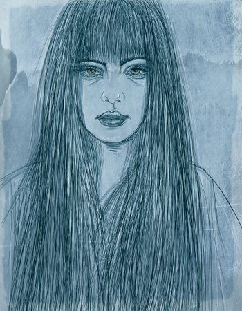 Sketch of a woman with long hair. Hand drawn illustration.の写真素材