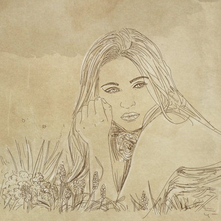 Sketch of beautiful young woman in nature. Hand drawn illustration.の写真素材