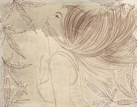 Hand drawn illustration of a young woman with a marijuana leaf in her hair.の写真素材