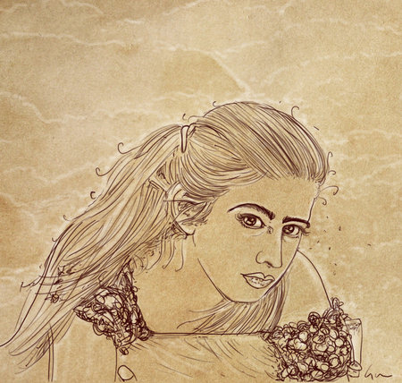 Portrait of a beautiful woman with long hair. Hand drawn illustration.の写真素材