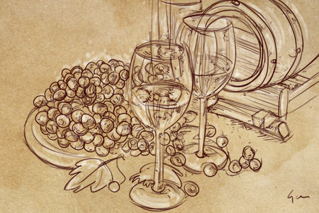 Drawing of wine glasses and grapes on old paper background. Hand drawn illustrationの写真素材