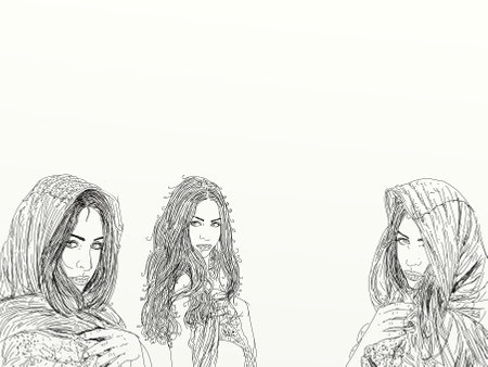 Hand drawn illustration of two beautiful young girls with long hair in winter clothesの写真素材