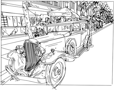 Vintage car on the street. Vector illustration ready for vinyl cutting.の写真素材