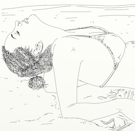 Young woman lying on the beach, sketch for your design. Vector illustrationの写真素材