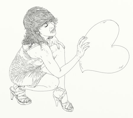 sketch of a girl with a heart on a white backgroundの写真素材