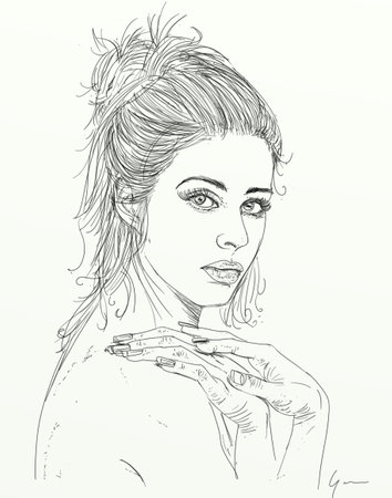 Beautiful young woman portrait. Hand drawn vector illustration. Black and white.の写真素材